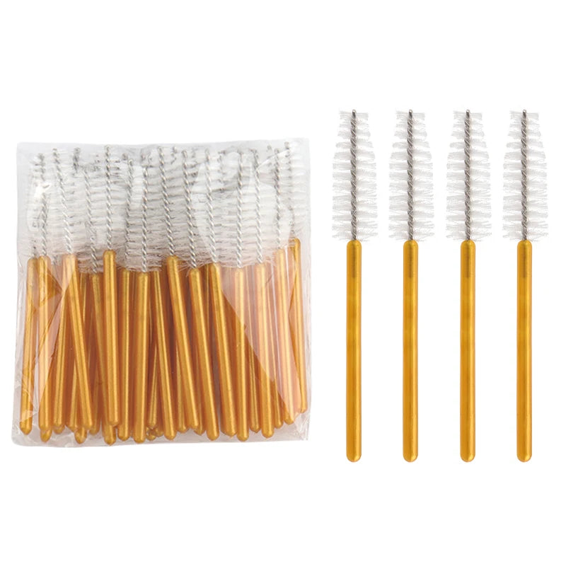 50Pcs Disposable Eyelash Makeup Brush Mascara Wands Gold Mini Eye Lash Brushes Short Eyebrow Comb Eyelashes Extension Tool