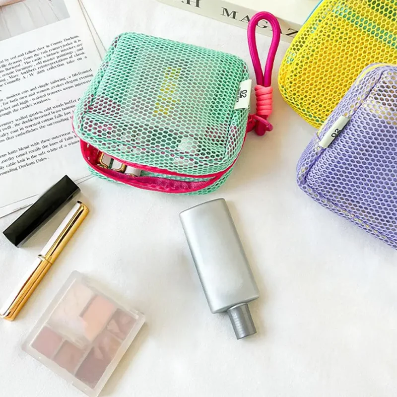 Stylish Mini Grid Capacity Square Mesh Storage Pouch, Cosmetic Key Coin Purse Mini Zipper Bags, Women Stationery Case Cute Gifts