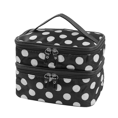 Women'S Travel Cosmetic Makeup Bag Organizer Double Layer Dot Pattern Toiletry Bag Case Pouch With Mirror For Woman