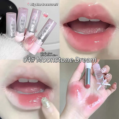 Caramel Brown Solid Lip Gloss Moisturizing Lace Bow Mirror Glass Jelly Lipstick Non Stick Cup Water Light Plump Lip Tint Makeup