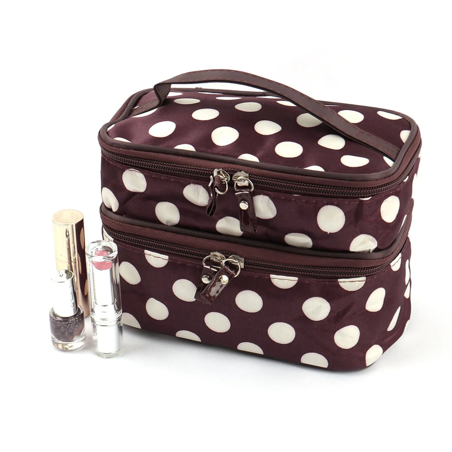 Women'S Travel Cosmetic Makeup Bag Organizer Double Layer Dot Pattern Toiletry Bag Case Pouch With Mirror For Woman