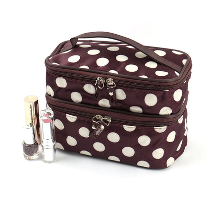 Women'S Travel Cosmetic Makeup Bag Organizer Double Layer Dot Pattern Toiletry Bag Case Pouch With Mirror For Woman