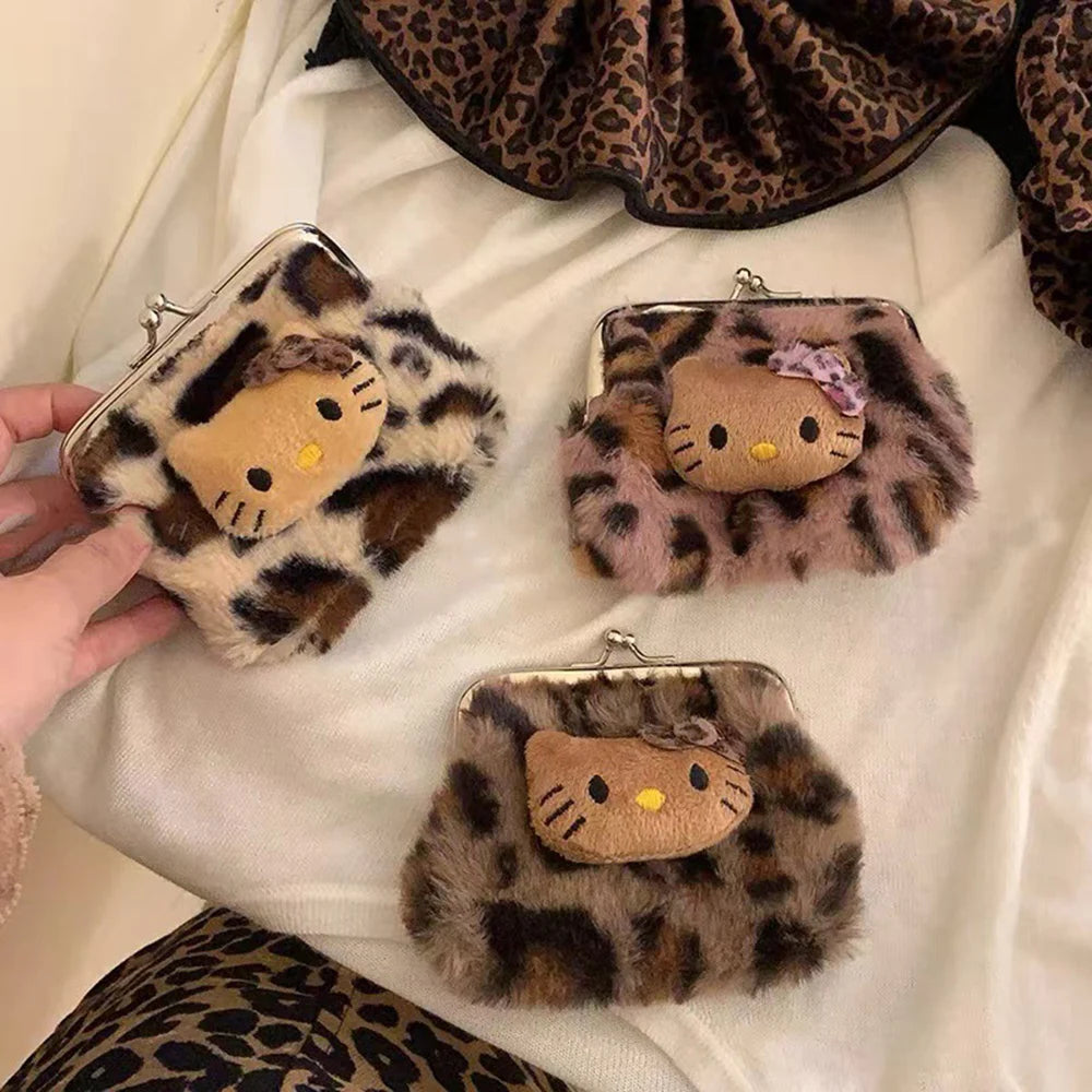 Cute Fresh and Sweet Kitty Leopard Print Coin Purse Plush Carry Bluetooth Headphone Bag KT Cat Makeup Bag Storage Bag