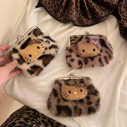 Cute Fresh and Sweet Kitty Leopard Print Coin Purse Plush Carry Bluetooth Headphone Bag KT Cat Makeup Bag Storage Bag