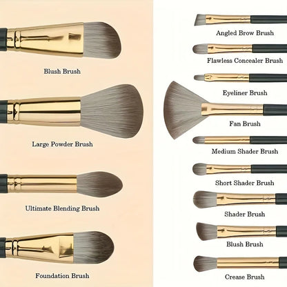 14-Piece Makeup Brush Set, Soft Nylon Bristles, Foundation Brush, Eyeshadow Brush Multi-Function Makeup Brush Travel Set