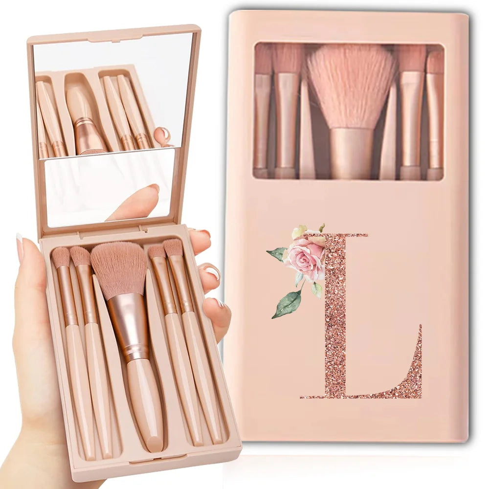 5pcs Cosmetic Brush Kit With Mirror And Case Foldable Box Storage Makeup Brush Set Portable Beauty Tool Rose Gold Letter Pattern