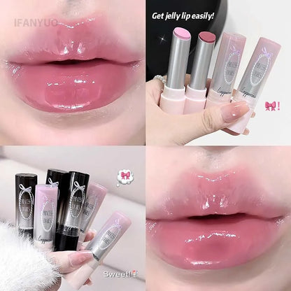 Caramel Brown Solid Lip Gloss Moisturizing Lace Bow Mirror Glass Jelly Lipstick Non Stick Cup Water Light Plump Lip Tint Makeup