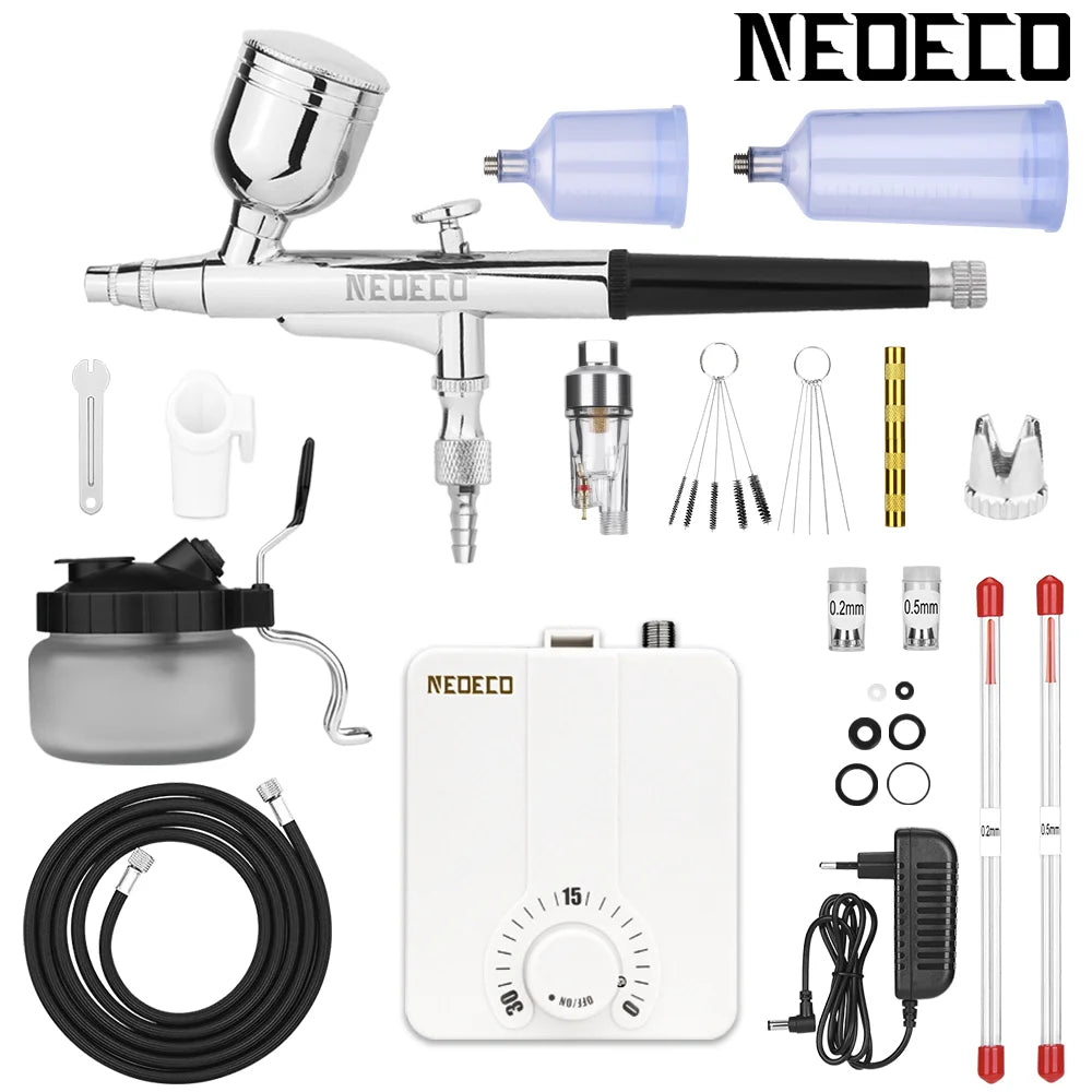 Dual-Action Airbrush Kit with 30PSI High-Pressure Auto Stop Stepless Control Compressor Kit for Painting Model Makeup Nail