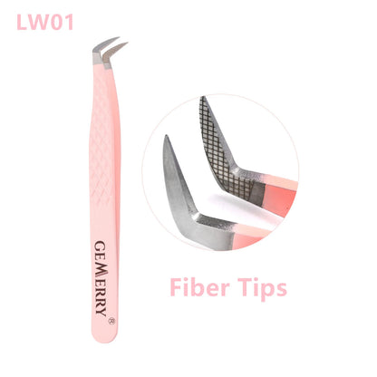 GEMERRY 1 PC Eyelash Tweezers With Fiber Tips Pink Professional Steel High Precision for Volume Fans Lashes Extensions Makeup
