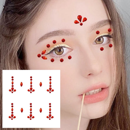 Red Heart Face Jewelry Temporary Tattoos Eye Forehead Diamonds Jewels Makeup Sticker Sparkle Water Drop Gems Nail Art Festival