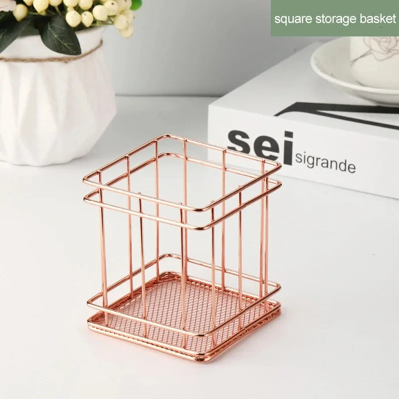 Nordic Iron storage Basket jewelry organizer Gold Office Desktop Sundries Makeup Brushes Holder Table Cosmetics Organizer Rack