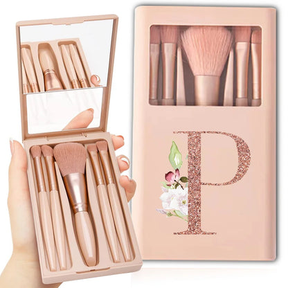 5pcs Cosmetic Brush Kit With Mirror And Case Foldable Box Storage Makeup Brush Set Portable Beauty Tool Rose Gold Letter Pattern