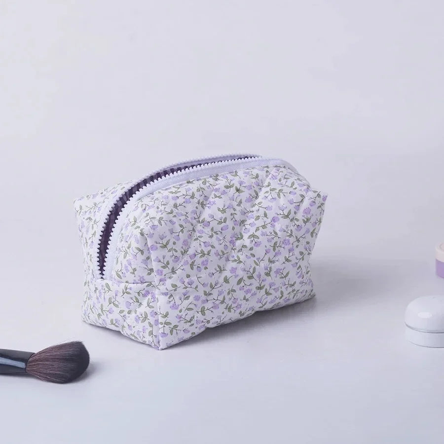 1PC Flower Printed Puffy Quilted Zipper Makeup Bag Storage Organizer Toiletry Handbag Cosmetic Pouch Large Travel Cosmetic Bag