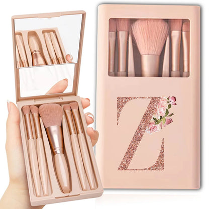 5pcs Cosmetic Brush Kit With Mirror And Case Foldable Box Storage Makeup Brush Set Portable Beauty Tool Rose Gold Letter Pattern