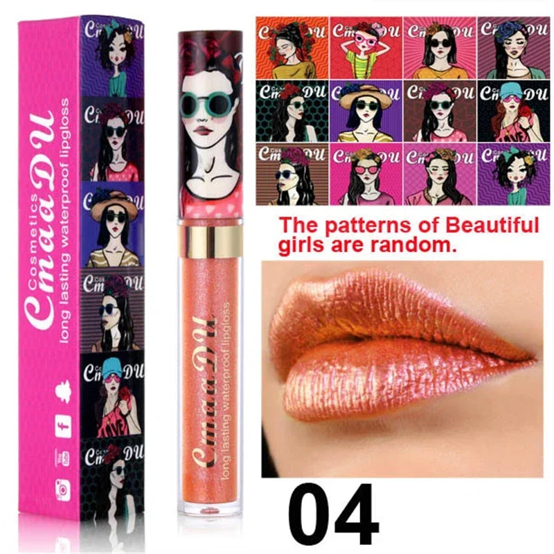 Cmaadu shimmer lip gloss beauty girl diamond glitter lip tint waterproof long lasting 12 color gold flash liquid lipstick makeup