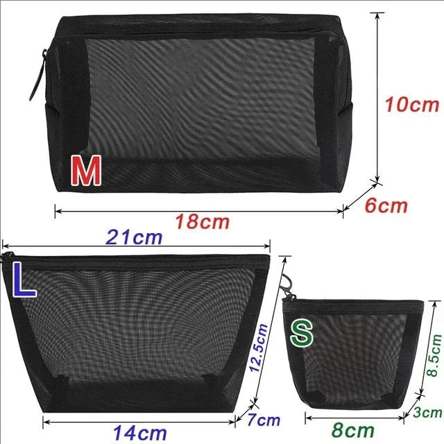 3pcs Mesh Clear Cosmetic Bags S/M/L Size Black Makeup Bag Portable Outdoors Travel Organizer Case Lipstick Storage Pouch Gifts