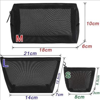 3pcs Mesh Clear Cosmetic Bags S/M/L Size Black Makeup Bag Portable Outdoors Travel Organizer Case Lipstick Storage Pouch Gifts