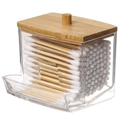 Acrylic Cotton Swab Holder with Bamboo Lid - Clear Cotton Swab Dispenser Bathroom Container Cotton Swab Canister