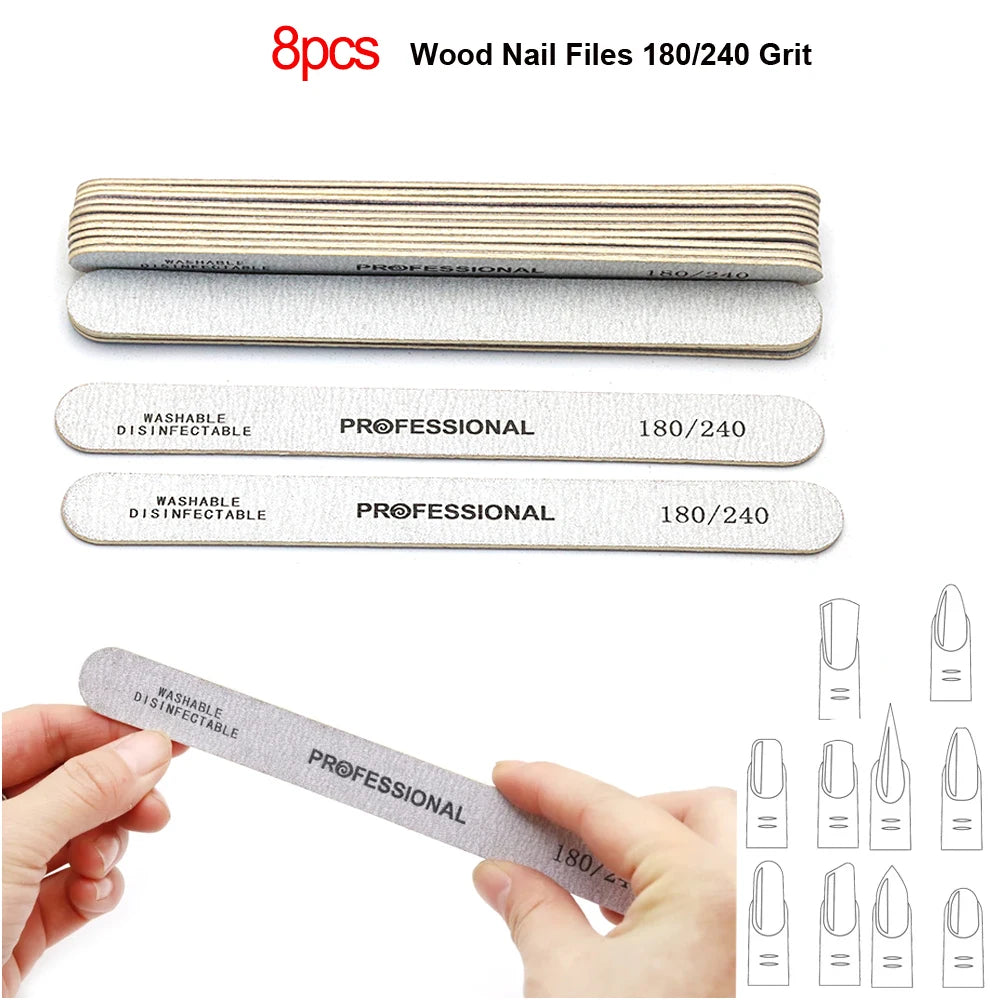 8pcs Nail Files Set 100/180 Nail Sanding Buffer Professional Manicure Files Makeup Pedicure Brushes Tool Extension cuticle Kits