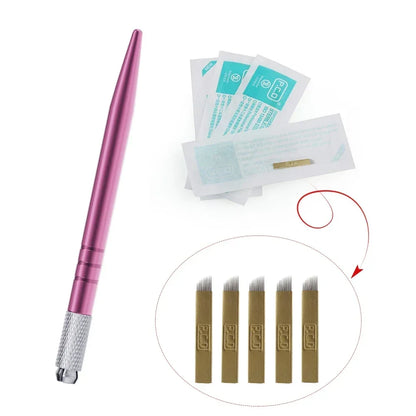 Golden Tebori 3D Tattoo Pen + 5 Pcs 12 Pins Microblading Tattoos Needles Permanent Makeup Manual Professional Eyebrow Tattoo Set