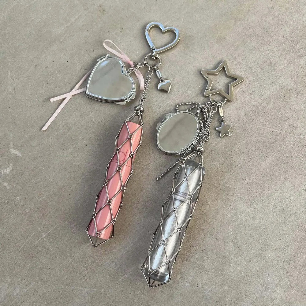 New Lipsticks Protective Cover Metal Net Pocket Lipstick Bag Keychain Portable Makeup Pouch Lip Balm Bag Key Chain Holder Mirror