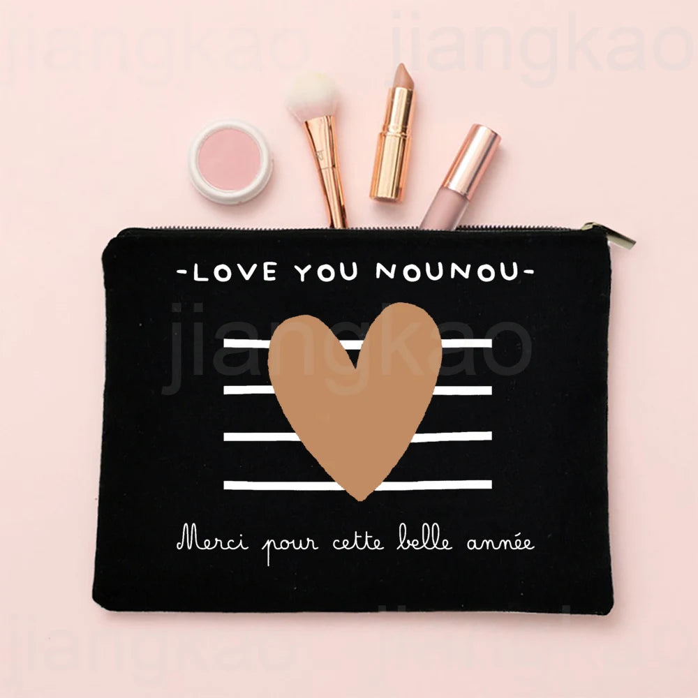 Thank You for Caring for Me As A Nanny French Print Cosmetic Bag Travel Toiletry Organizer Bags Women Makeup Bag Gift for Nounou