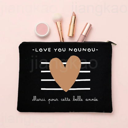 Thank You for Caring for Me As A Nanny French Print Cosmetic Bag Travel Toiletry Organizer Bags Women Makeup Bag Gift for Nounou