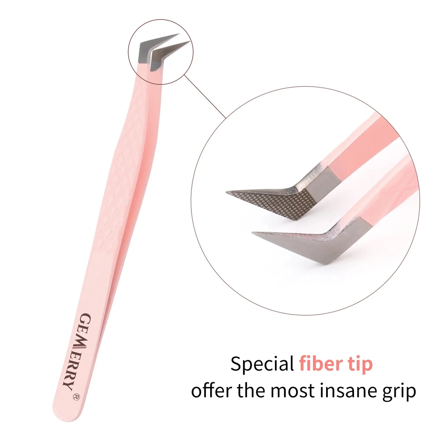 GEMERRY 1 PC Eyelash Tweezers With Fiber Tips Pink Professional Steel High Precision for Volume Fans Lashes Extensions Makeup