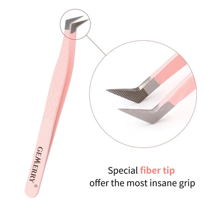 GEMERRY 1 PC Eyelash Tweezers With Fiber Tips Pink Professional Steel High Precision for Volume Fans Lashes Extensions Makeup