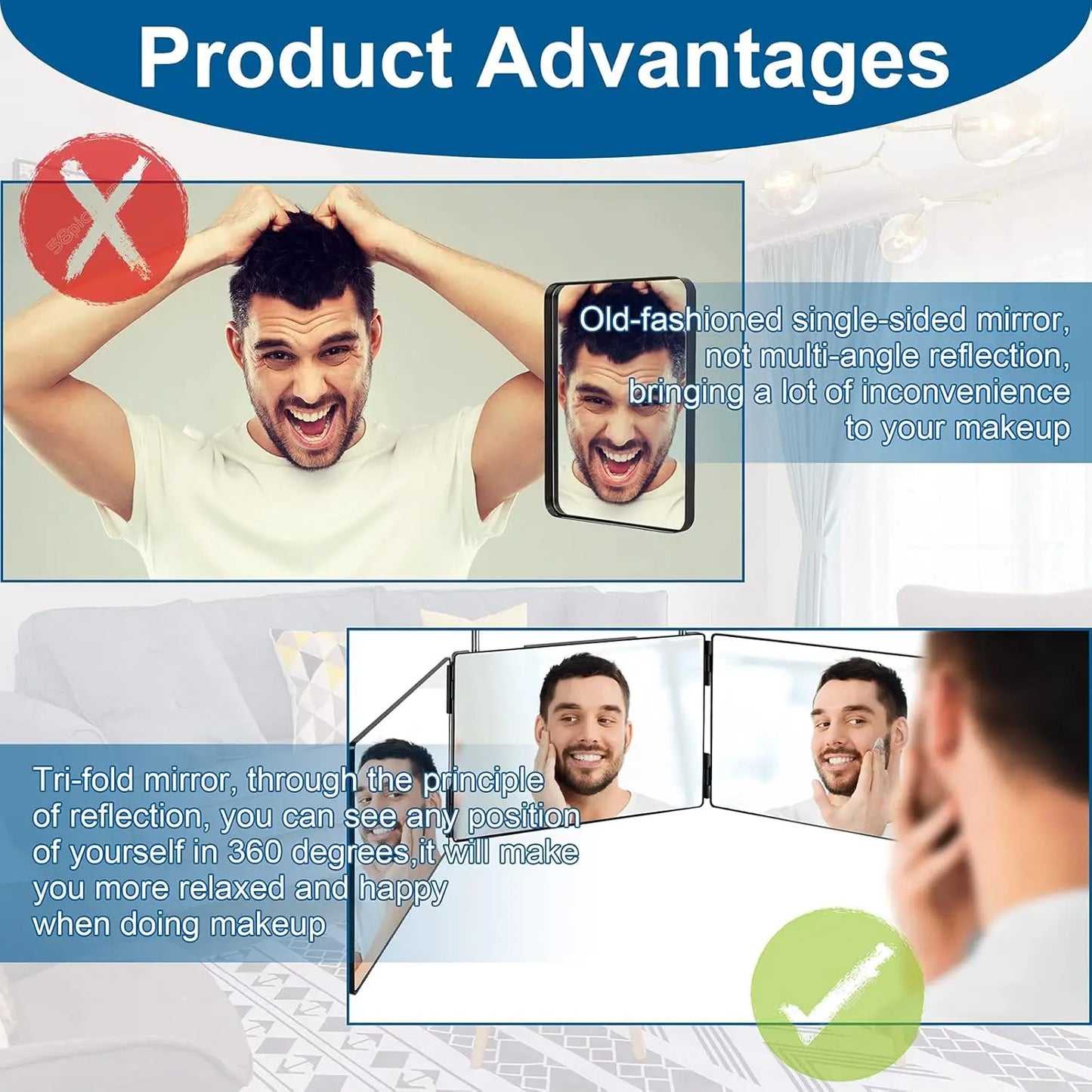 360 Trifold Mirror Portable with Height Adjustable Telescoping Hooks Ideal for Self Hair Cutting Makeup Essential Fordable
