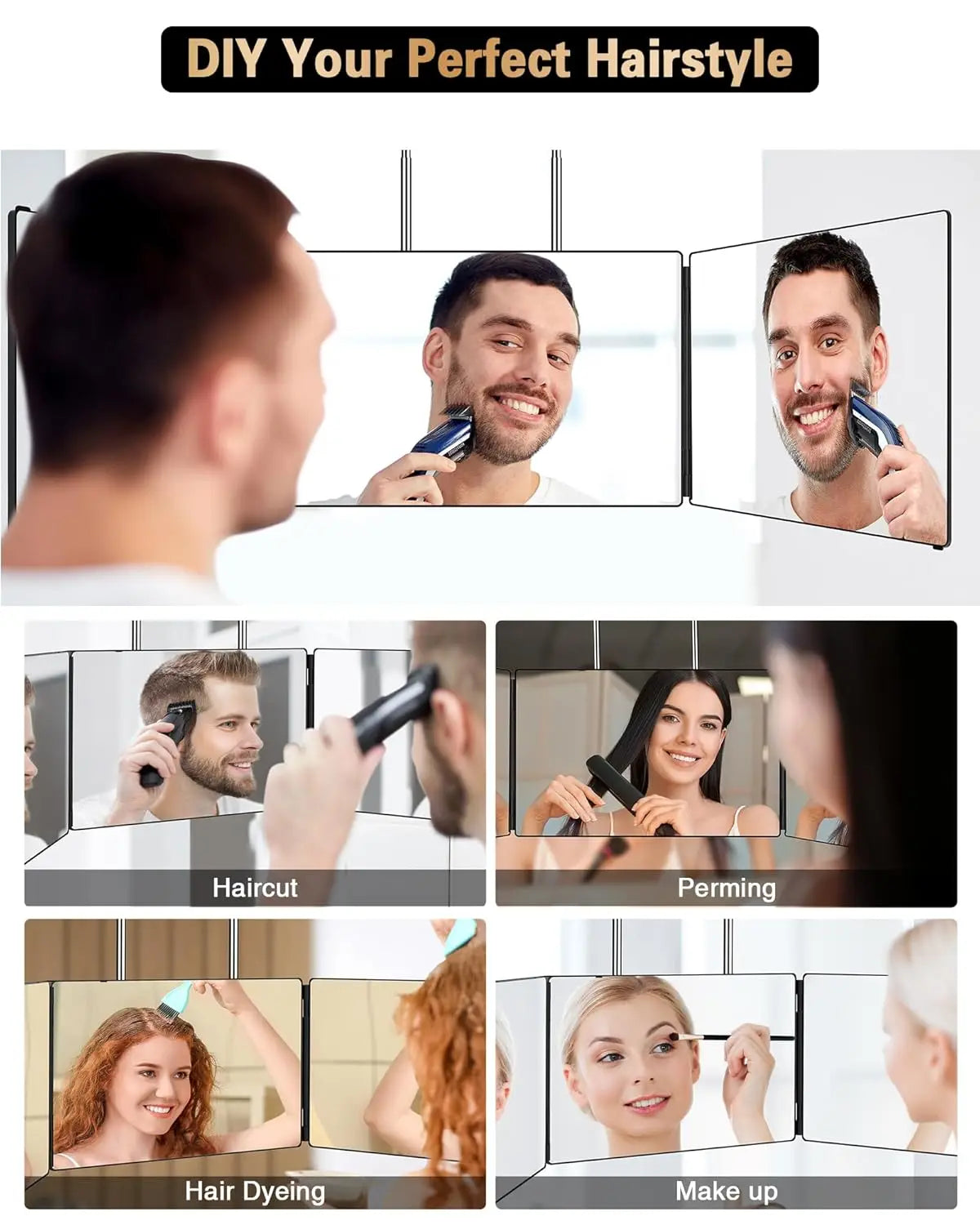 360 Trifold Mirror Portable with Height Adjustable Telescoping Hooks Ideal for Self Hair Cutting Makeup Essential Fordable