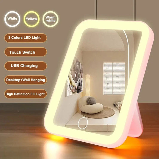 3 Colors LED Vanity Mirror Touch Screen 3 Brightness Dimmable USB Rechargeable Portable Makeup Mirror