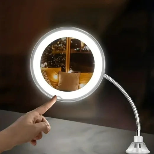 LED Makeup Mirror with 10X Magnifier & Flexible Gooseneck – Suction Cup, Diffused Light, 360° Rotation for Bathroom & Vanity