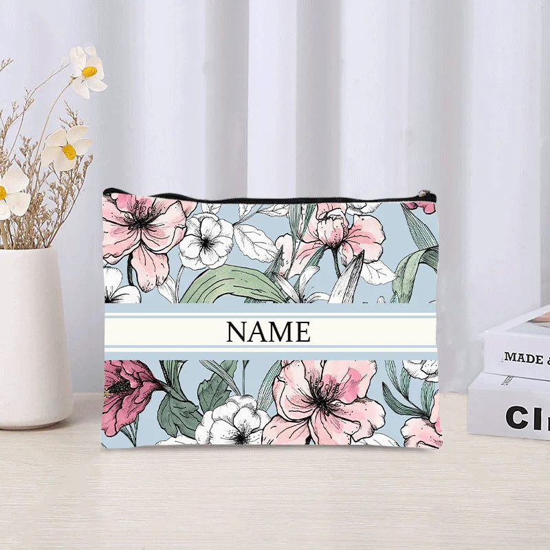 Luxury Custom Name Cosmetic Bag Floral Personalized Makeup Pouch Travel Lipstick Organizer Trendy Make Up Clutch Canvas Purse