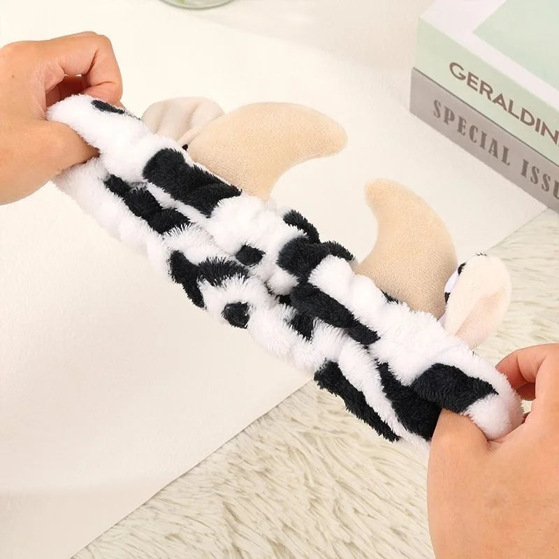 1 Cow Patterned Plush Hair Accessory Set for Autumn Winter Soft Skin Friendly Makeup Home Wear Skincare