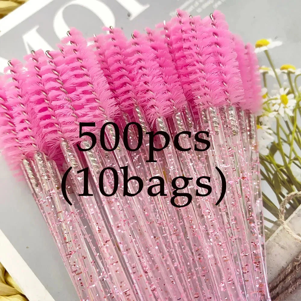500Pcs Crystal Eyelash Makeup Brush Diamond Handle Mascara Wands Eyelash Extension Tool Disposable Spoolie Wands for Mascara