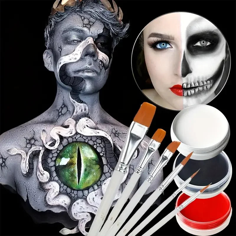 30g Professional Face Paint with 6 Brushes Body Paint Oil Face Painting Makeup Safe for Kids and Adults Split Color