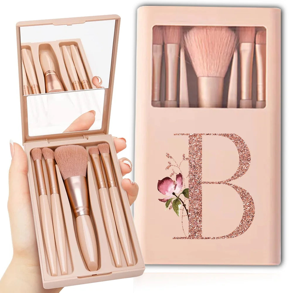 5pcs Cosmetic Brush Kit With Mirror And Case Foldable Box Storage Makeup Brush Set Portable Beauty Tool Rose Gold Letter Pattern