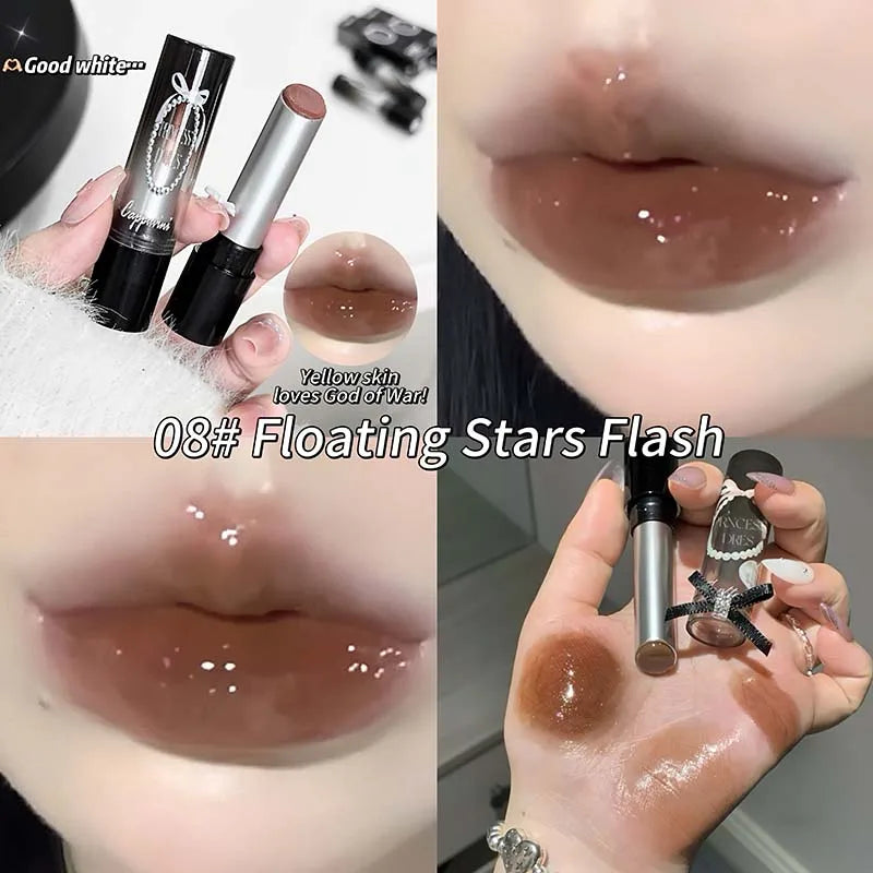 Caramel Brown Solid Lip Gloss Moisturizing Lace Bow Mirror Glass Jelly Lipstick Non Stick Cup Water Light Plump Lip Tint Makeup
