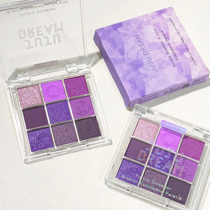 9-color purple and pink eyeshadow palette, long-lasting and waterproof, matte and shimmer finishes, smokey eye makeup palette.
