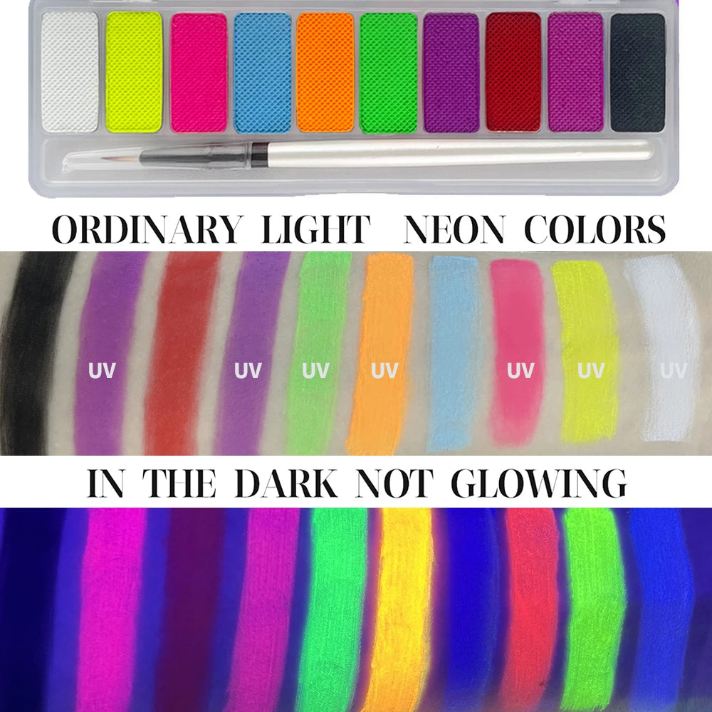UV Luminated Black Light Body Paint Set with Brush,10 Colors Water-Soluble Paste Fluorescent Neon Oil Face Body Art Paint Makeup