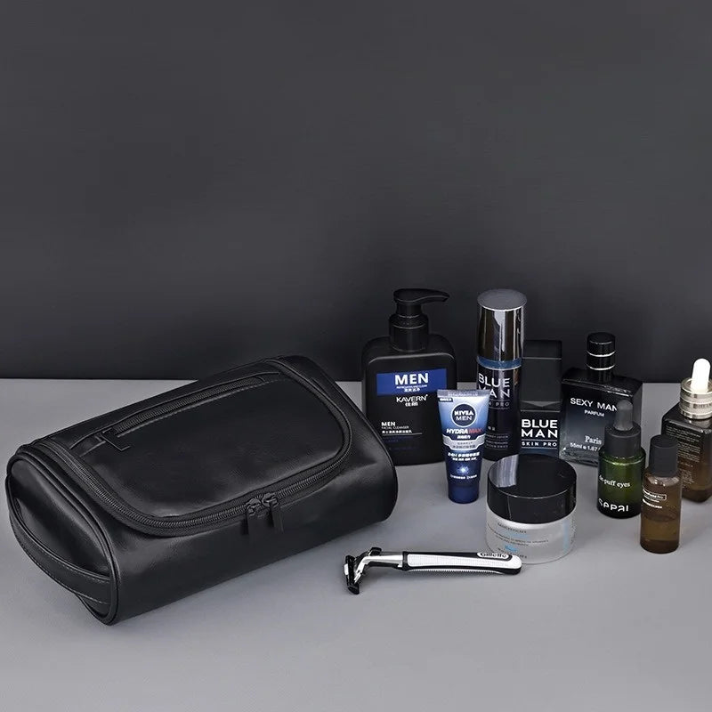 Large Capacity Men Leather Wash Bag Travel Business Trips Portable Cosmetic Bag Multi Pocket Design Handheld Leather Wash Bag LI