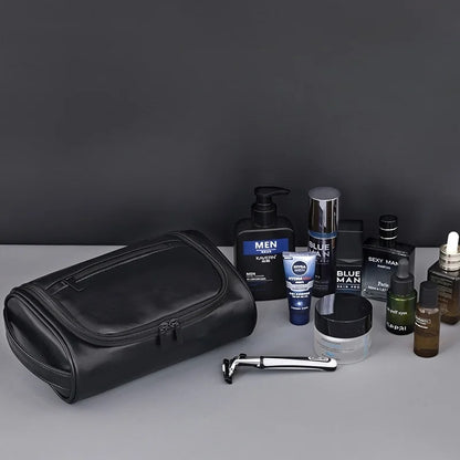 Large Capacity Men Leather Wash Bag Travel Business Trips Portable Cosmetic Bag Multi Pocket Design Handheld Leather Wash Bag LI