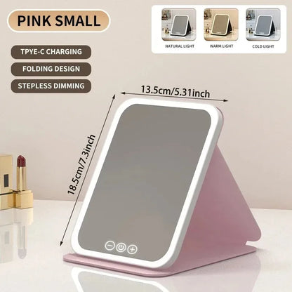 USB Rechargeable 3 Colors LED Makeup Mirror Pocket Mirror Touch Dimmable 3 Brightness Foldable for Travel Office Home