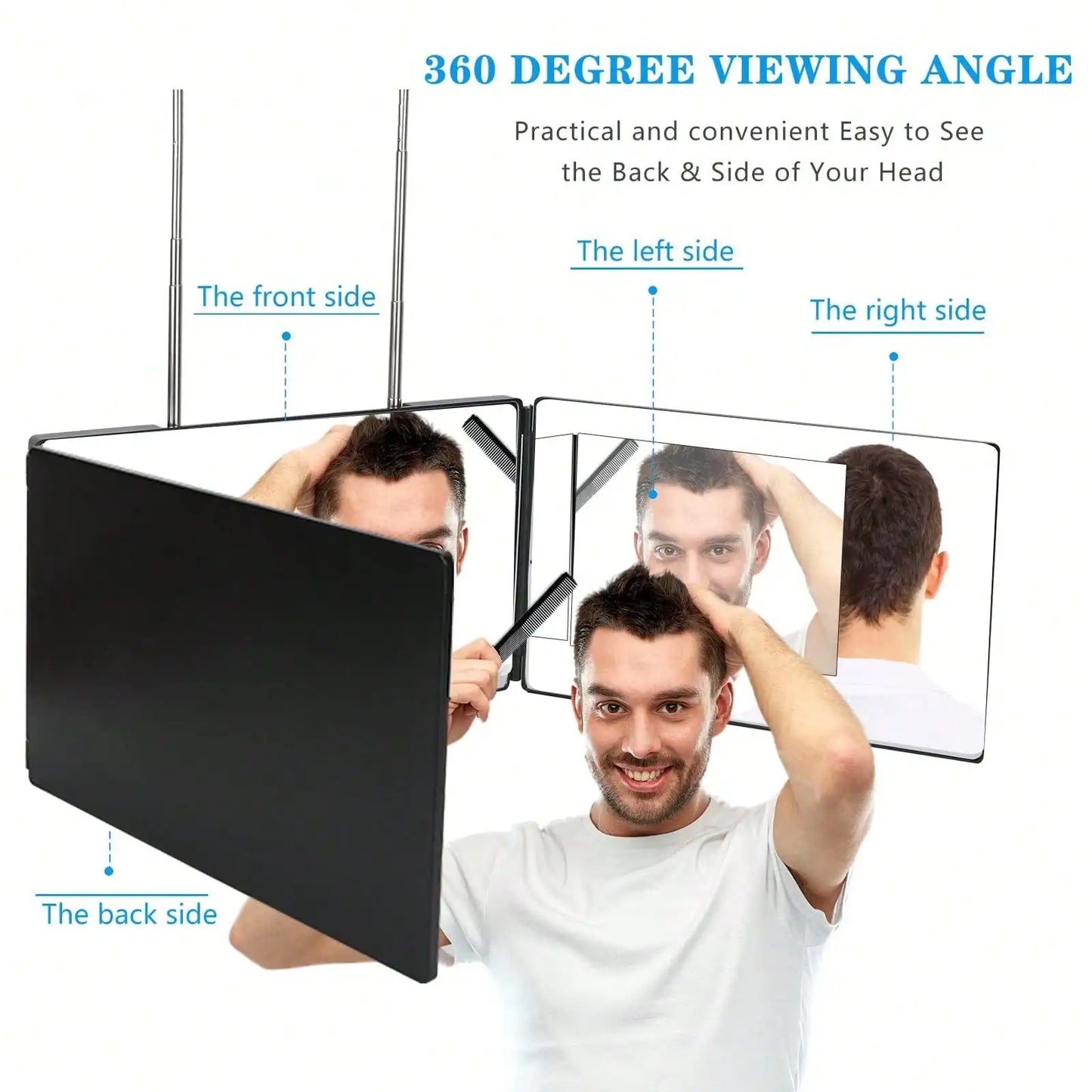 3 Way Mirror For Hair Cutting, 360 Trifold With Height Adjustable Telescoping Hooks For Makeup And Braiding