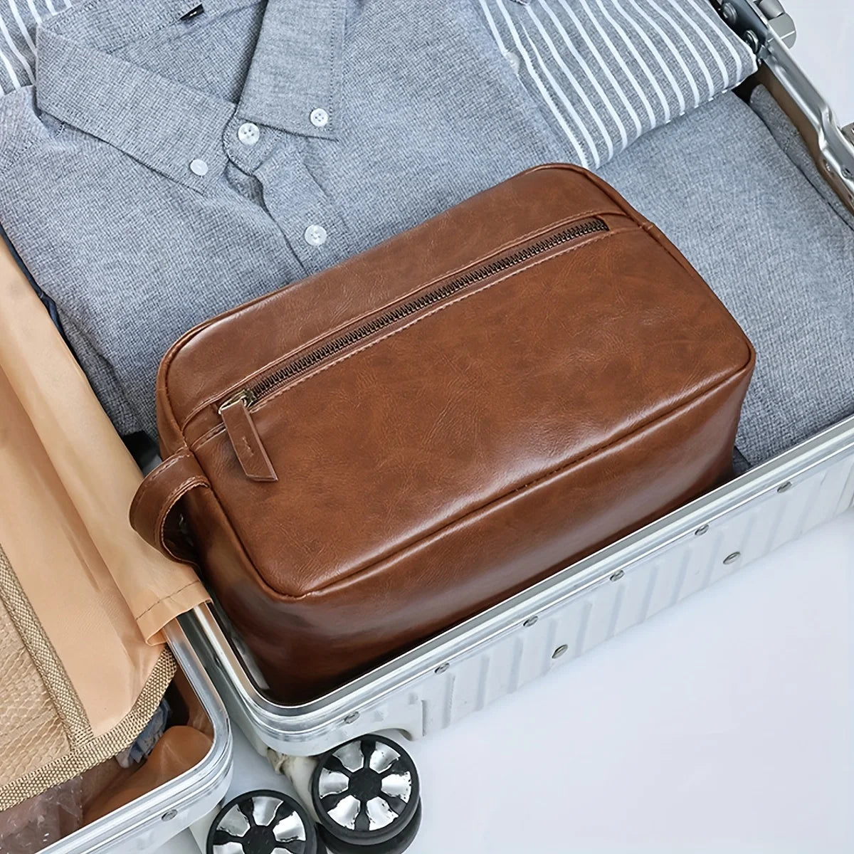Men Business Travel Wash Toiletry Bag Waterproof PU Leather Bathroom Shaving Tools Organizer Bag Makeup Pouch Women Cosmetic Bag