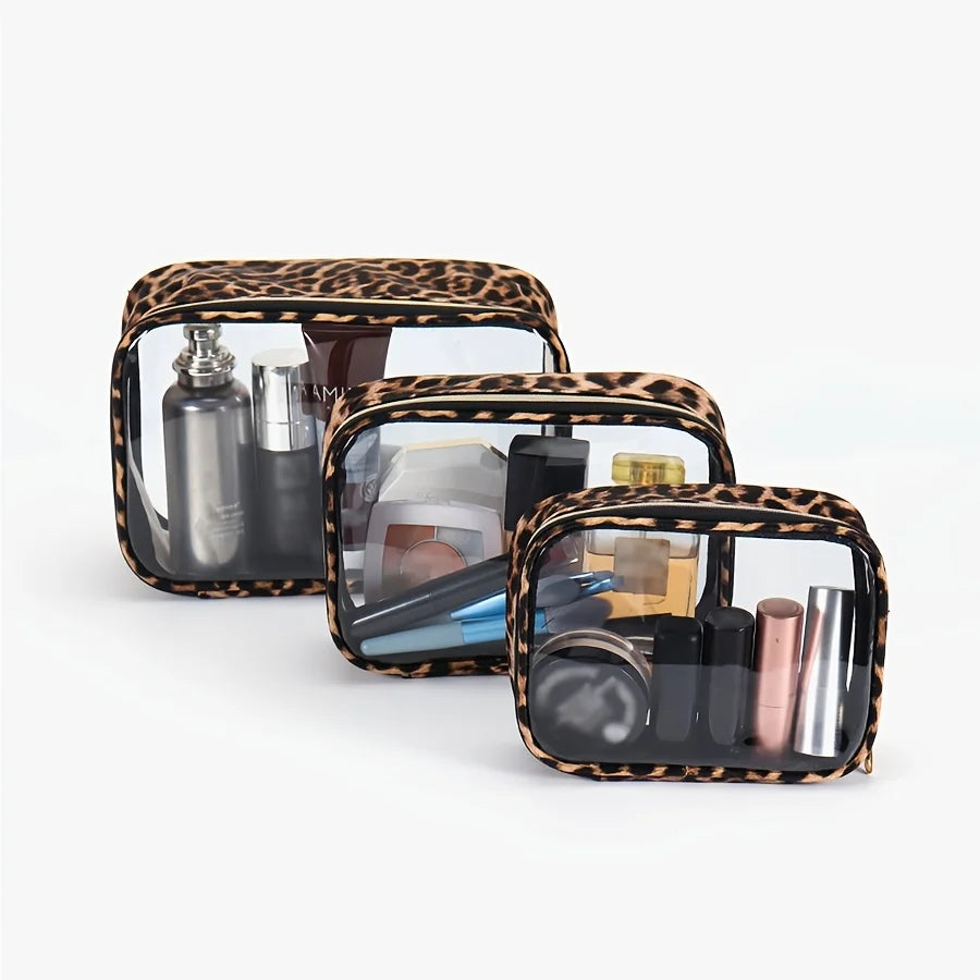Leopard Print Clear Makeup Bag - Waterproof, Large Capacity Travel Cosmetic Organizer with Zipper
