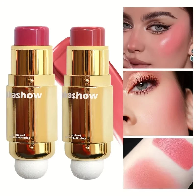 Double Head Powder Blusher Stick, Multi-use Cream Blush Stick with Sponge Tip, Long-lasting Natural Cheek Tint, Portable Makeup