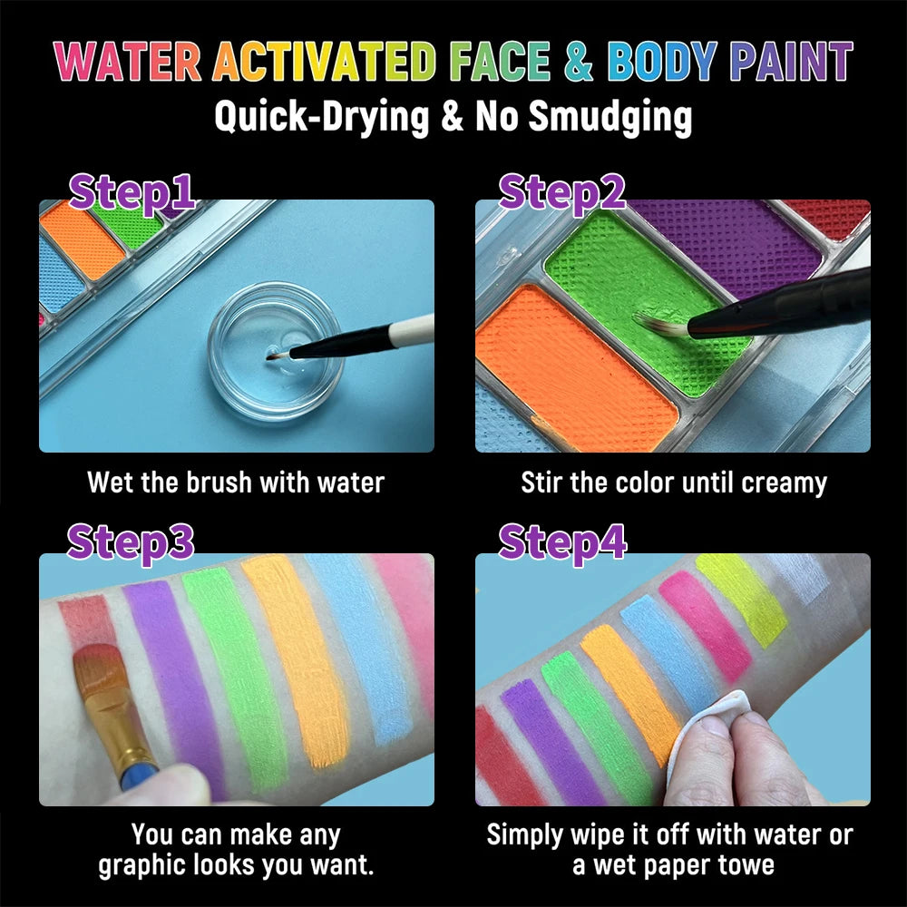 UV Luminated Black Light Body Paint Set with Brush,10 Colors Water-Soluble Paste Fluorescent Neon Oil Face Body Art Paint Makeup
