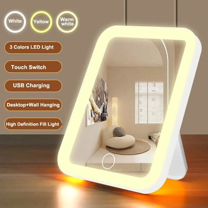 3 Colors LED Vanity Mirror Touch Screen 3 Brightness Dimmable USB Rechargeable Portable Makeup Mirror